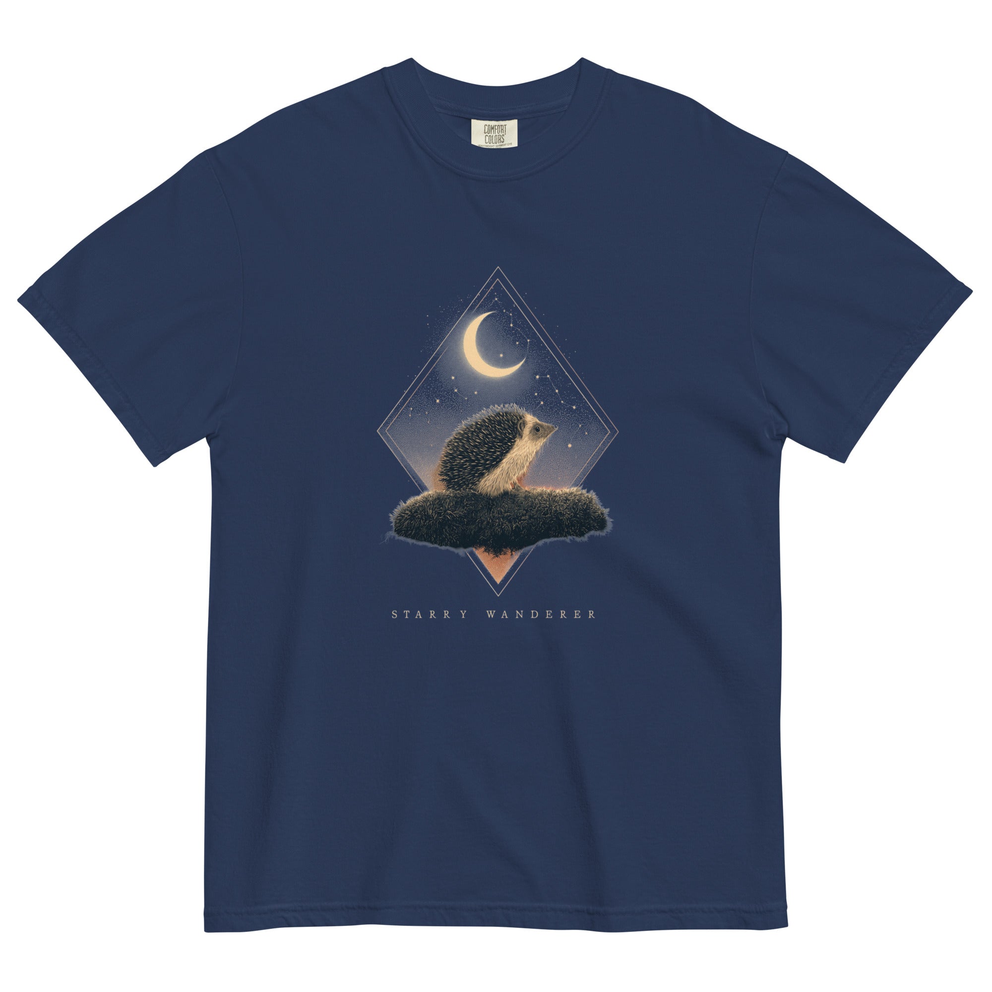 Hedgehog and crescent moon design on a True Navy garment-dyed cotton t-shirt