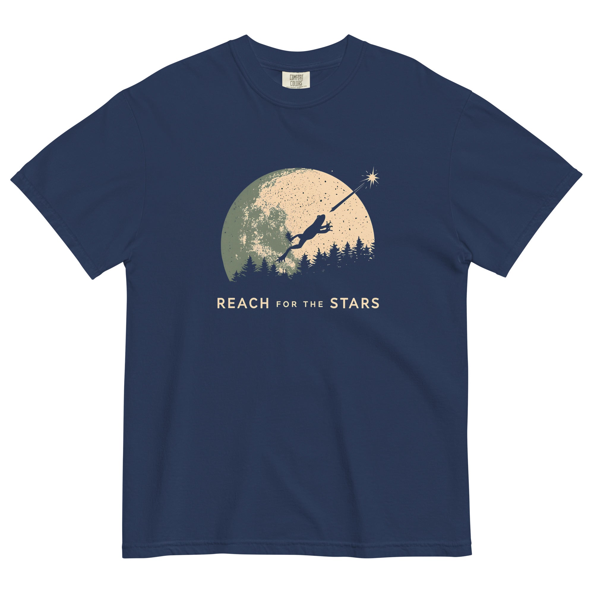 Frog and full moon design on a True Navy garment-dyed cotton t-shirt