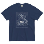 Sleeping fox and ancient tree design on a True Navy garment-dyed cotton t-shirt