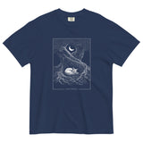 Sleeping fox and ancient tree design on a True Navy garment-dyed cotton t-shirt