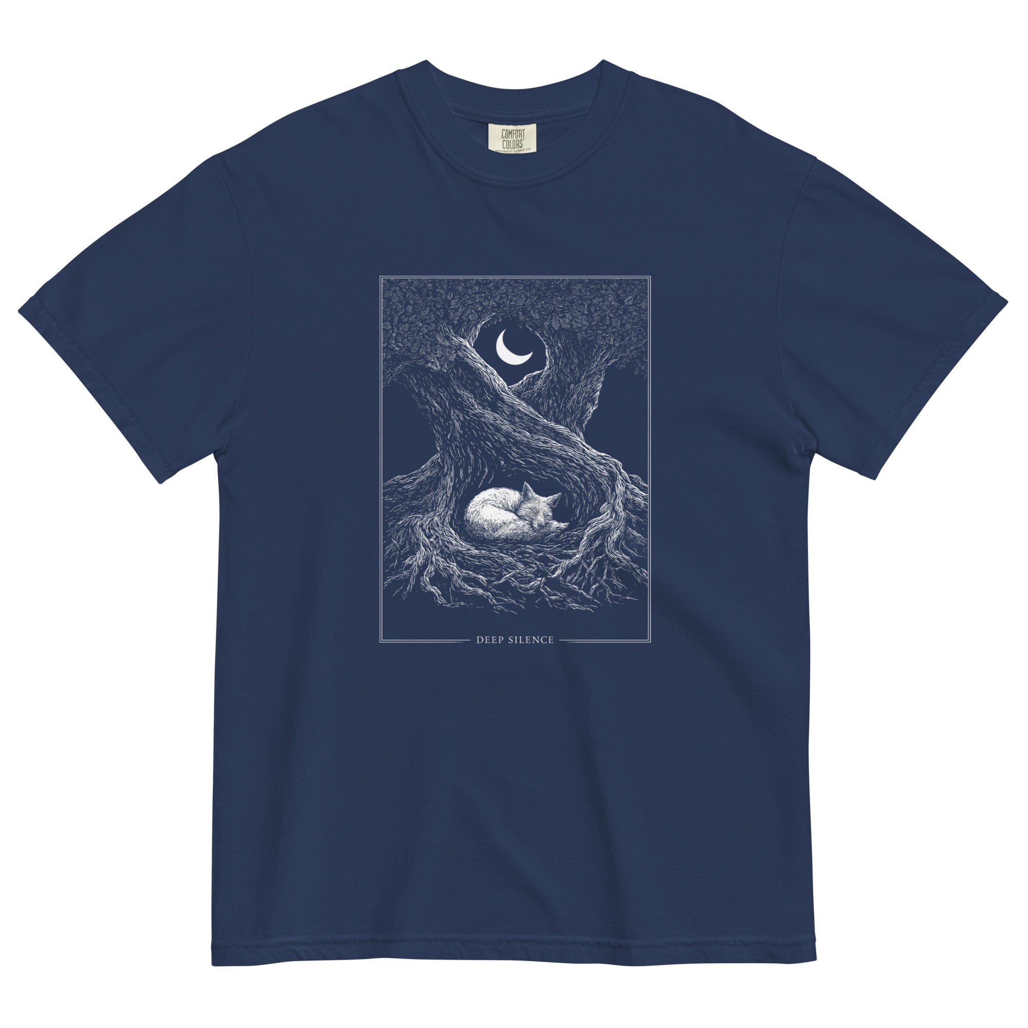 Sleeping fox and ancient tree design on a True Navy garment-dyed cotton t-shirt