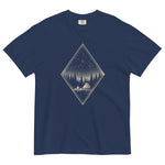 Camping tent and starfield design on a True Navy garment-dyed cotton t-shirt