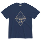 Camping tent and starfield design on a True Navy garment-dyed cotton t-shirt