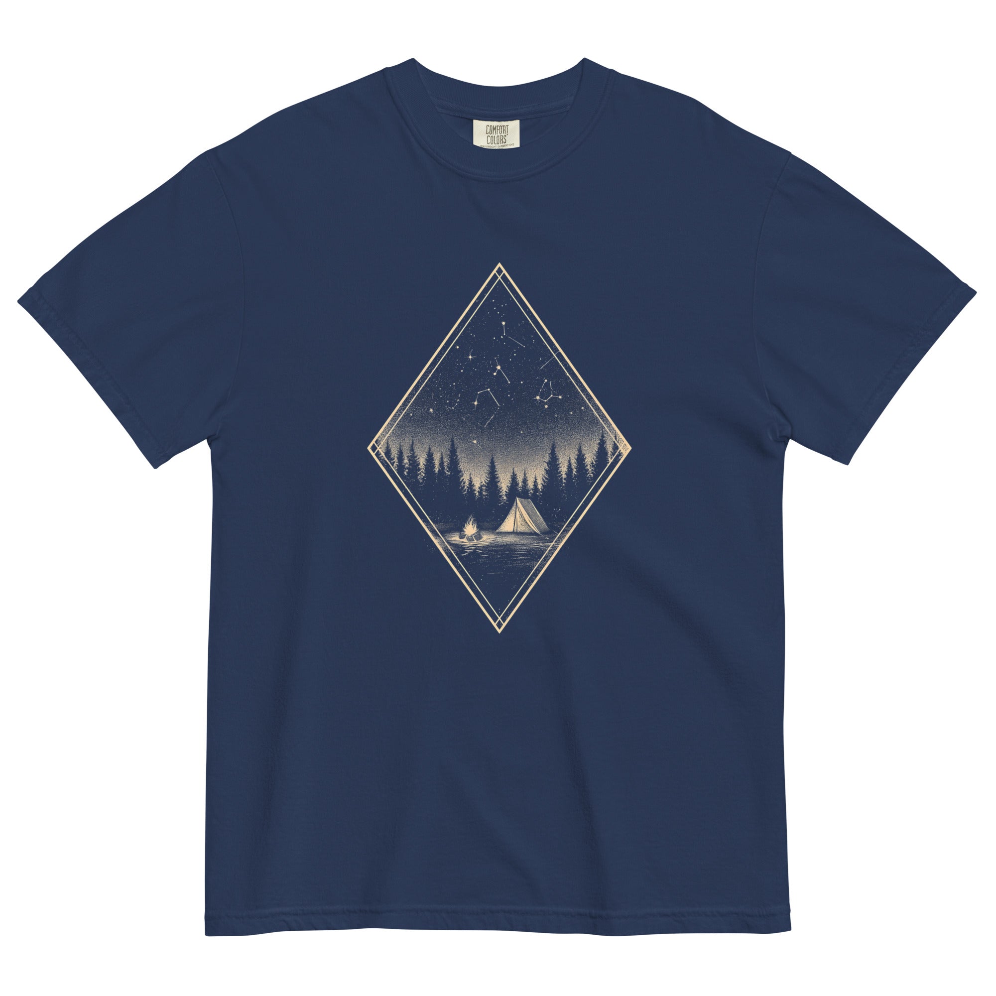Camping tent and starfield design on a True Navy garment-dyed cotton t-shirt