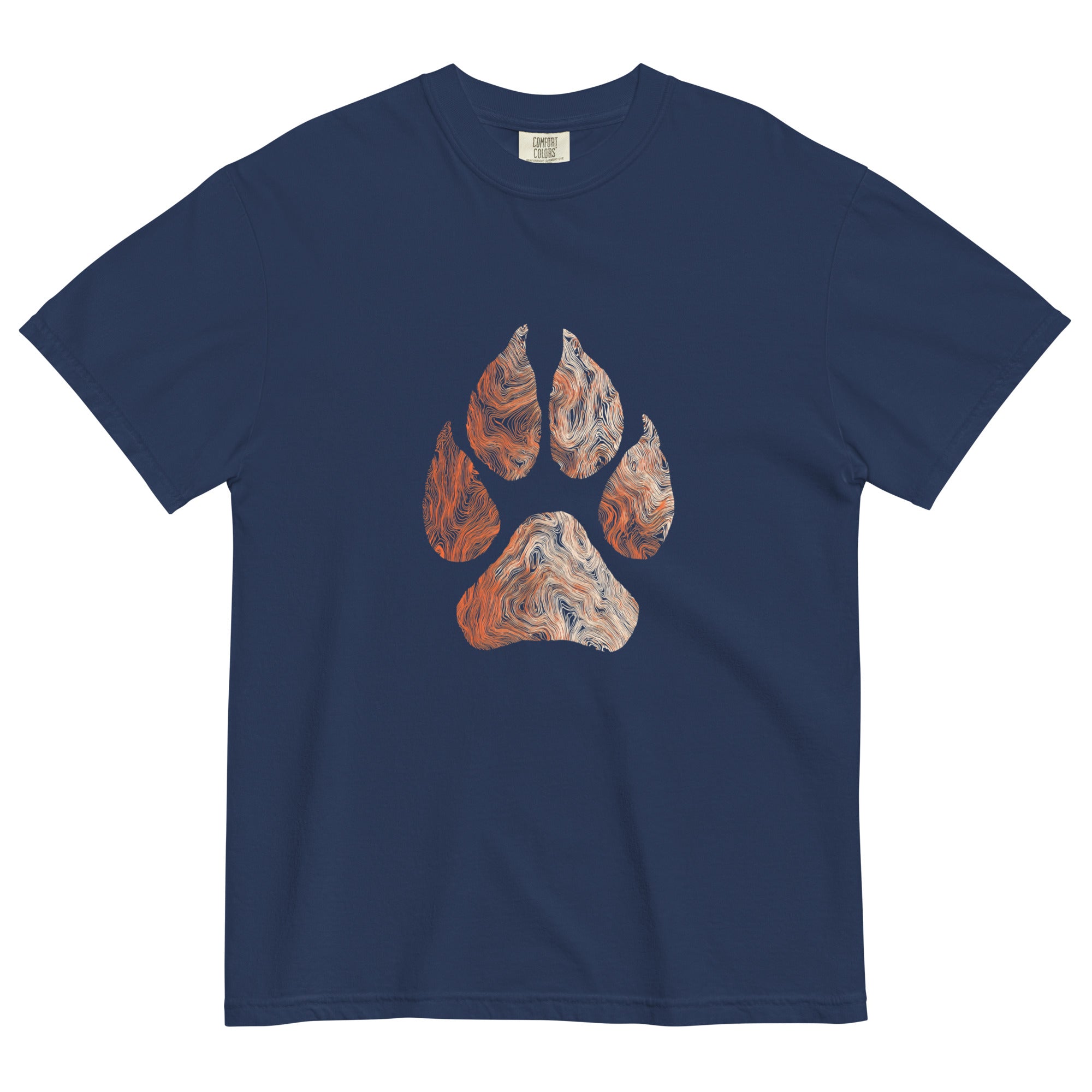 Wolf paw topographic design on a True Navy garment-dyed cotton t-shirt