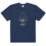 Camping under the stars design on a True Navy garment-dyed cotton t-shirt