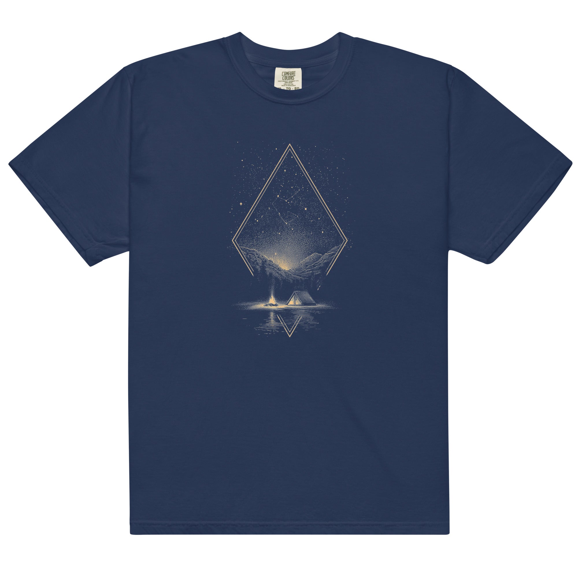 Camping under the stars design on a True Navy garment-dyed cotton t-shirt