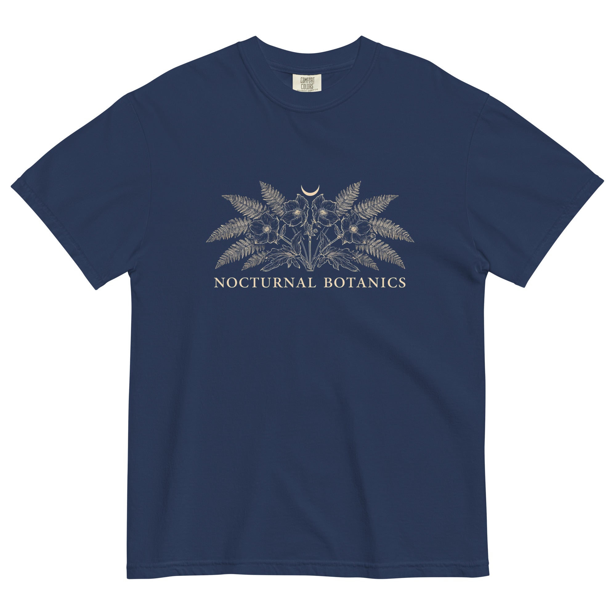 Nocturnal Botanics fern and flower design on a True Navy garment-dyed cotton t-shirt