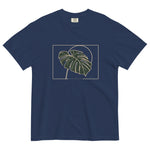 Monstera leaf design on a True Navy garment-dyed cotton t-shirt