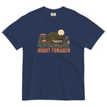 Hedgehog and mushrooms design on a True Navy garment-dyed cotton t-shirt