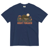 Hedgehog and mushrooms design on a True Navy garment-dyed cotton t-shirt