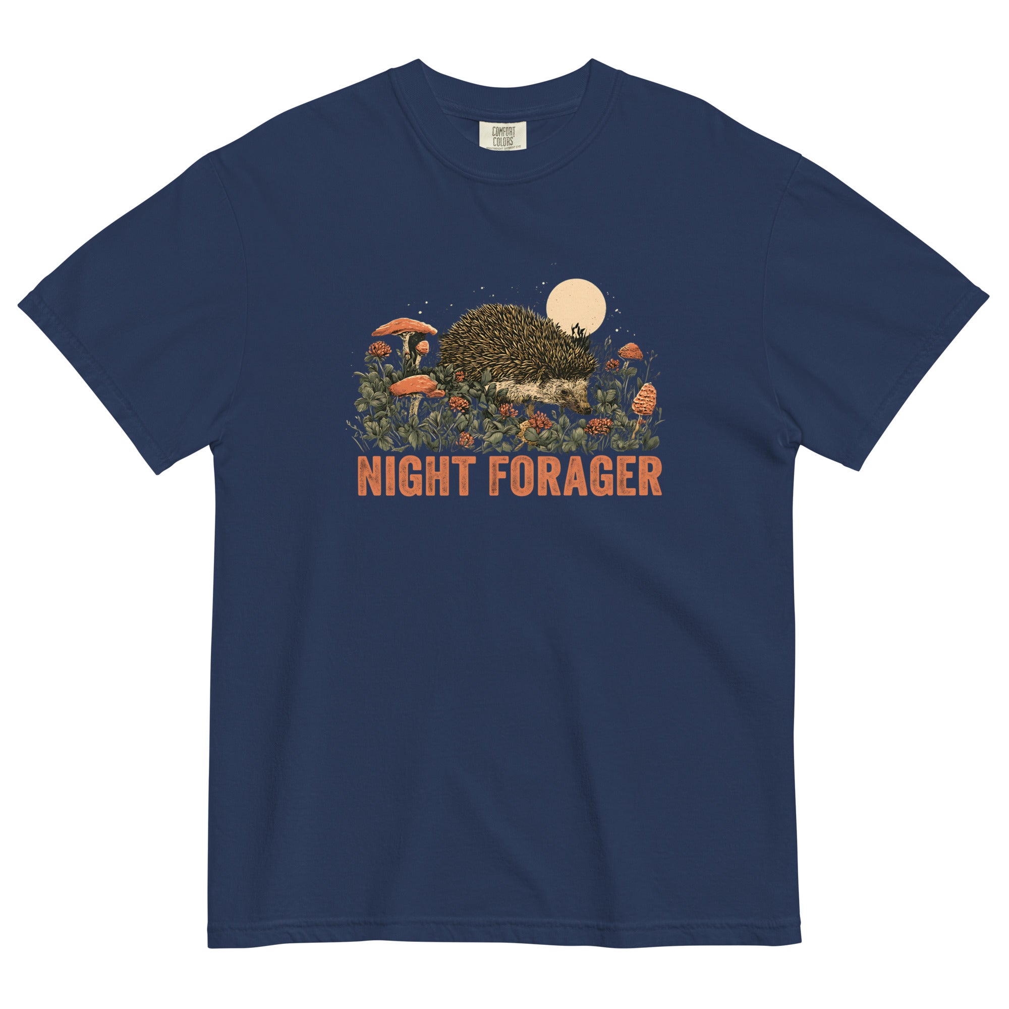 Hedgehog and mushrooms design on a True Navy garment-dyed cotton t-shirt
