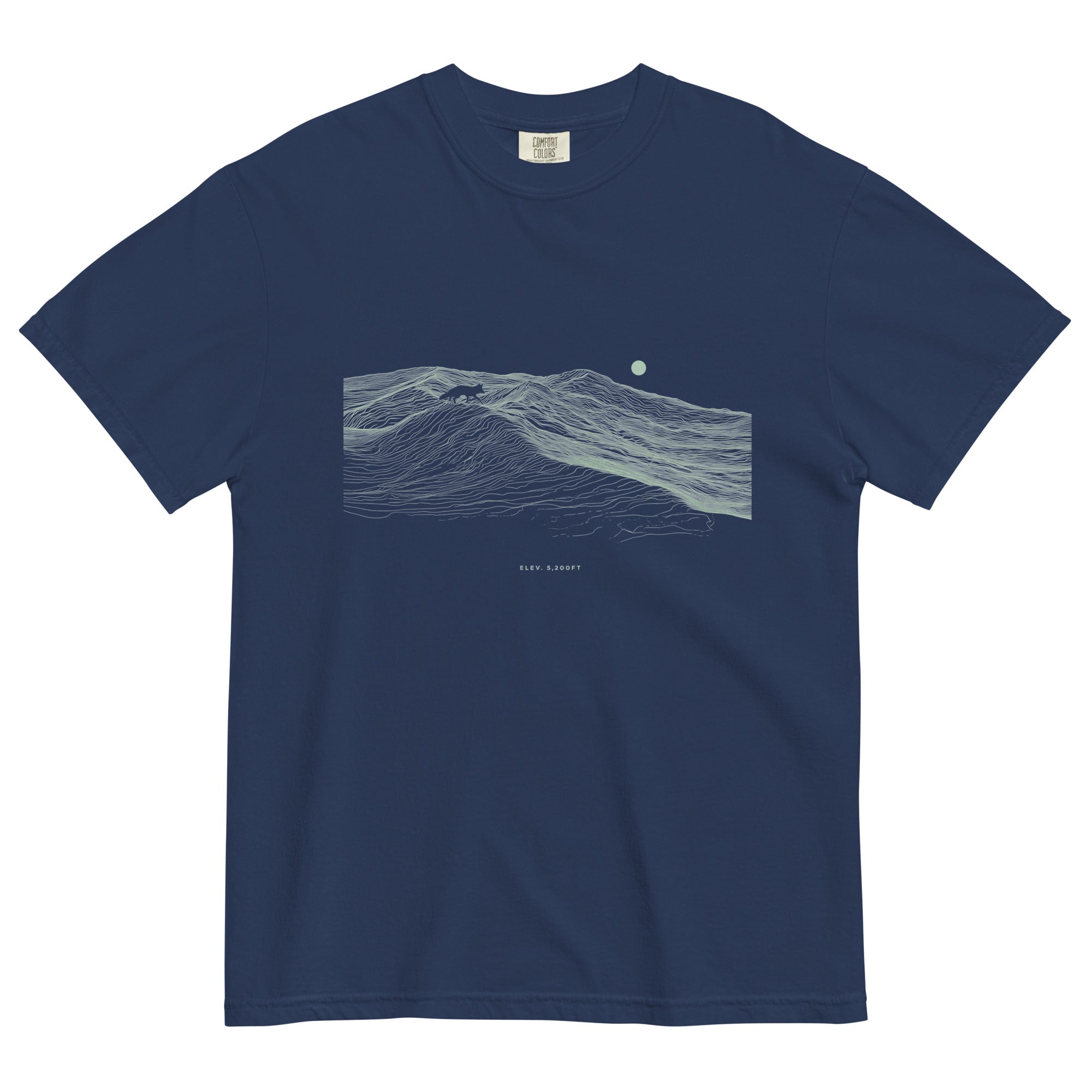 Fox on the ridge topographic design on a True Navy garment-dyed cotton t-shirt