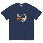 Butterfly and crescent moon design on a True Navy garment-dyed cotton t-shirt