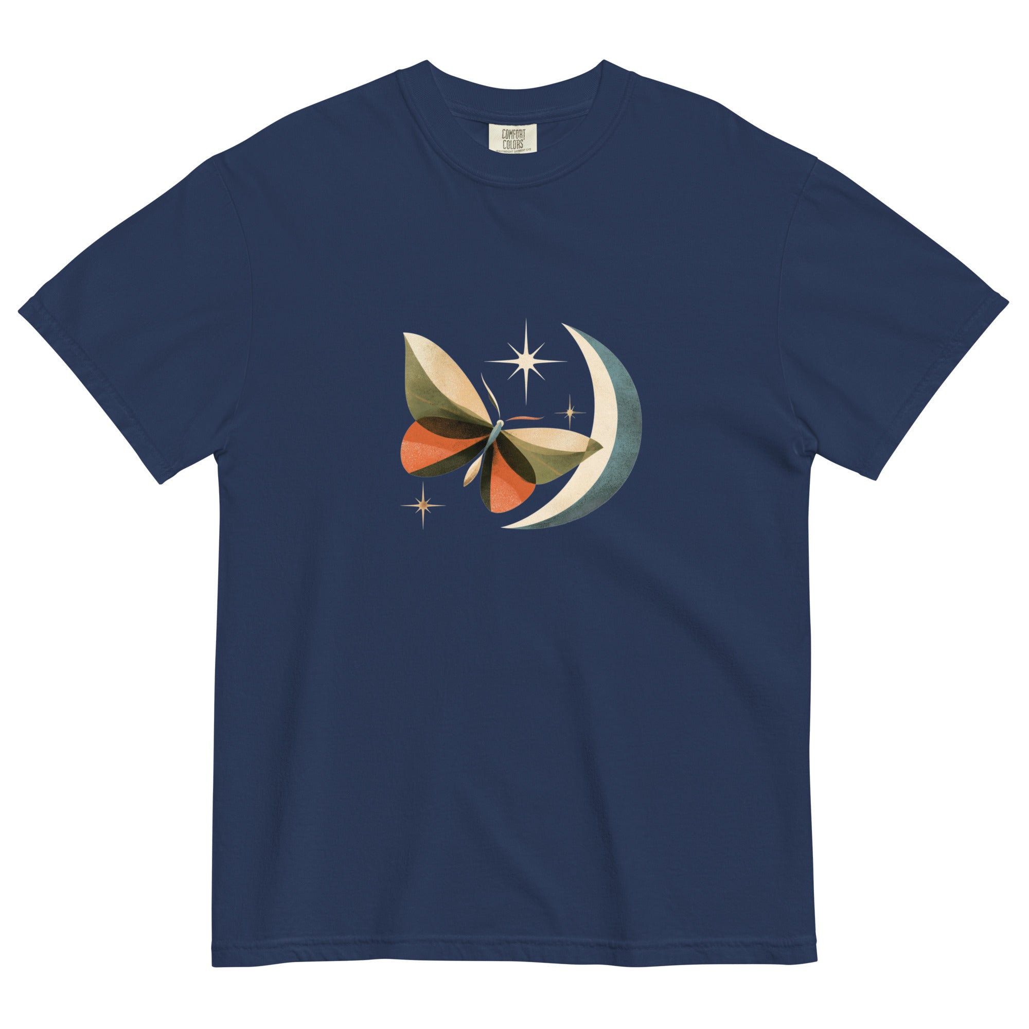 Butterfly and crescent moon design on a True Navy garment-dyed cotton t-shirt