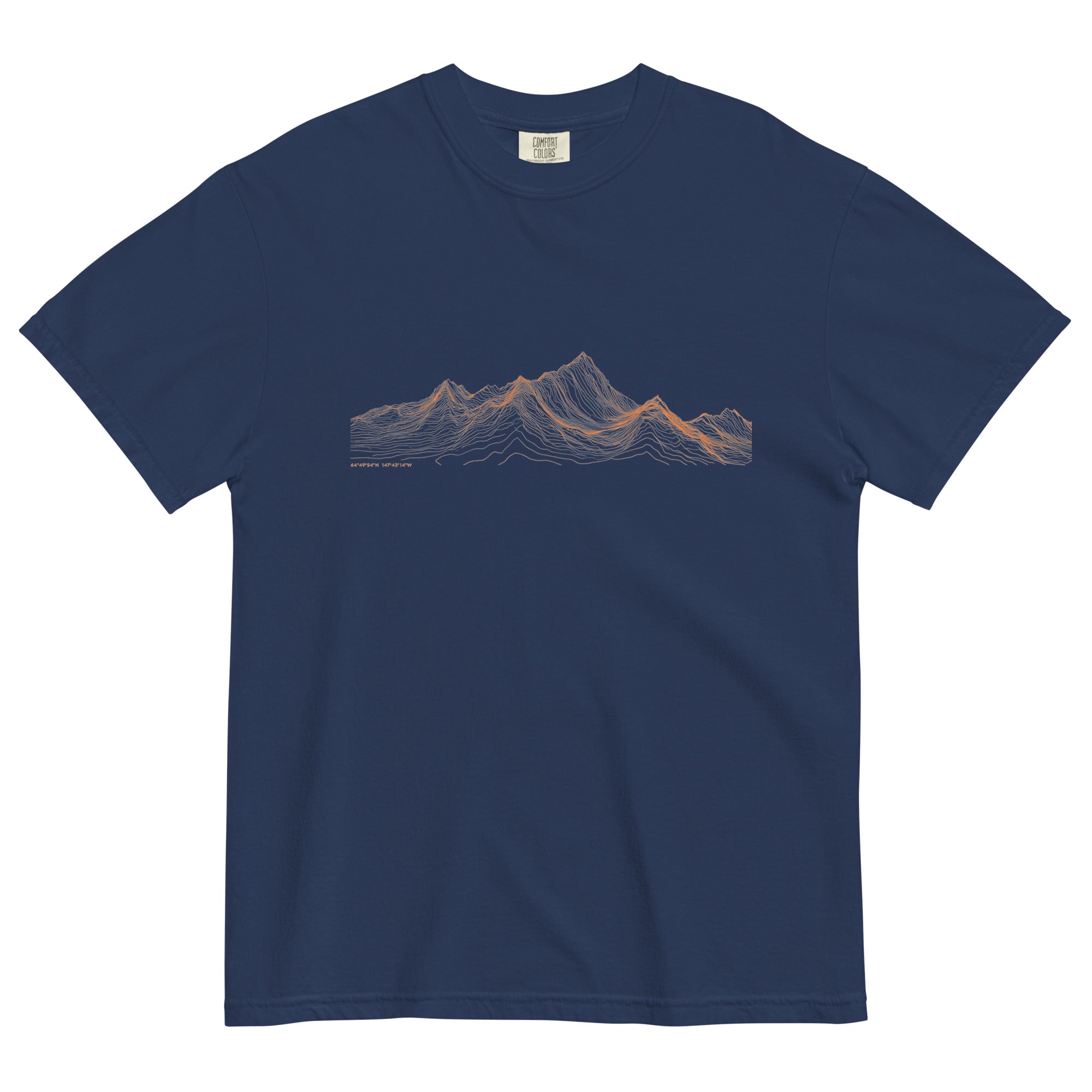 Mountain range topographic design on a True Navy garment-dyed cotton t-shirt