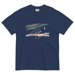 Fox and northern lights design on a True Navy garment-dyed cotton t-shirt