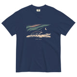 Fox and northern lights design on a True Navy garment-dyed cotton t-shirt