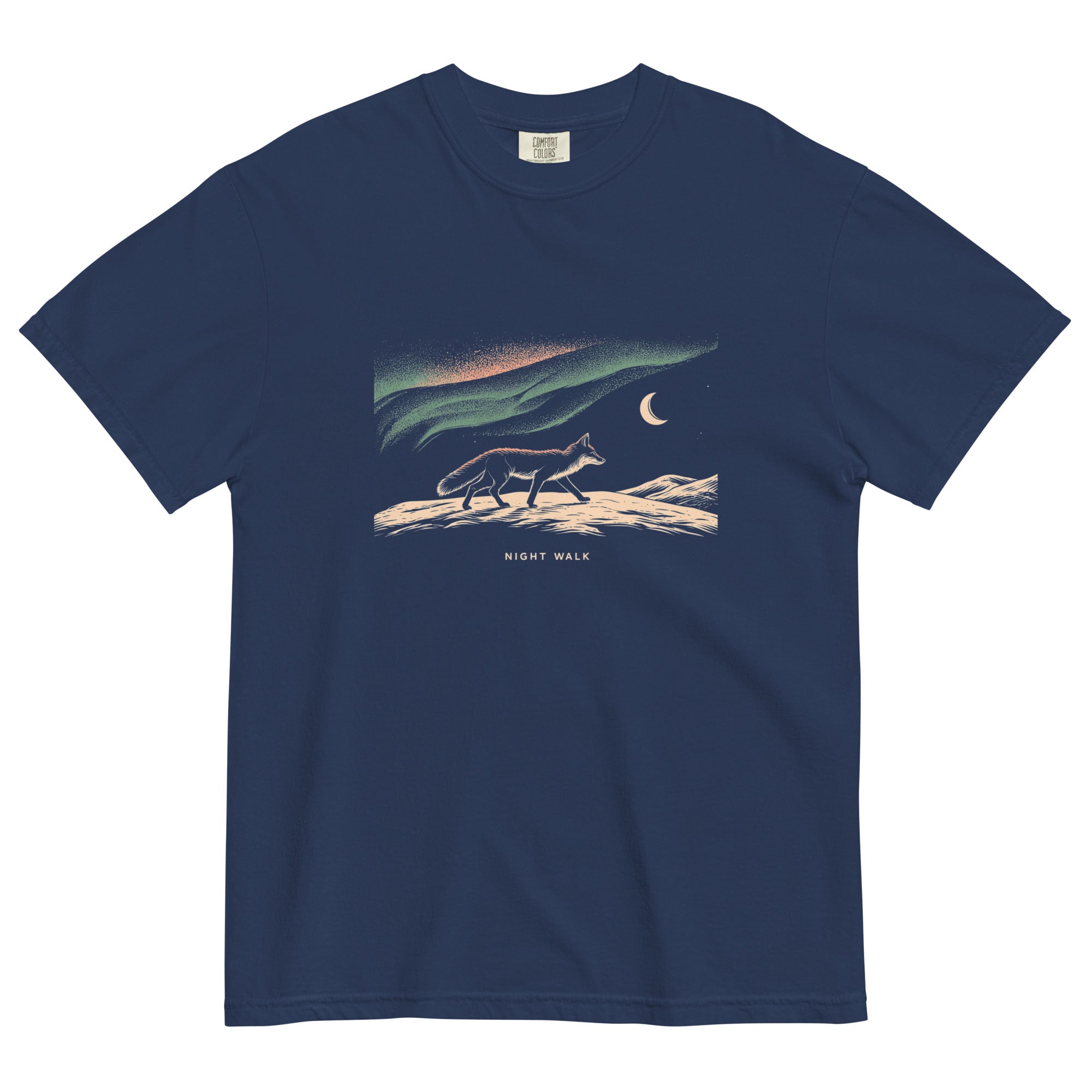 Fox and northern lights design on a True Navy garment-dyed cotton t-shirt