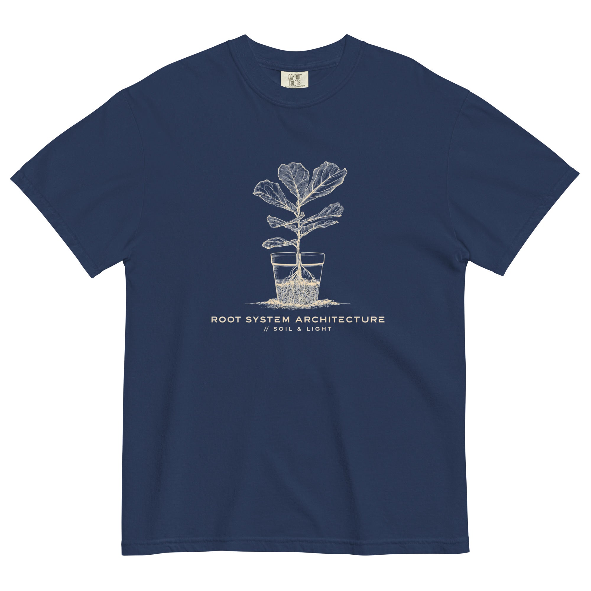 Root system architecture plant design on a True Navy garment-dyed cotton t-shirt