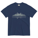 Mountain lake reflection design on a True Navy garment-dyed cotton t-shirt