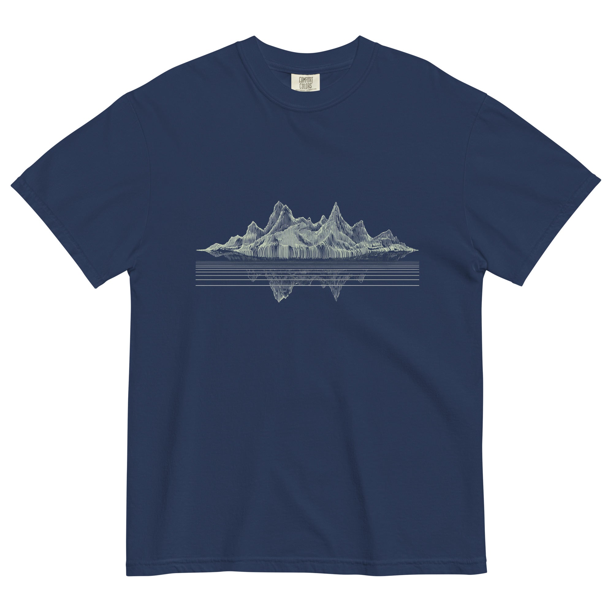 Mountain lake reflection design on a True Navy garment-dyed cotton t-shirt