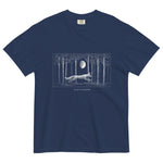 Running fox moonlit forest design on a True Navy garment-dyed cotton t-shirt