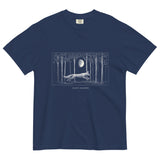 Running fox moonlit forest design on a True Navy garment-dyed cotton t-shirt