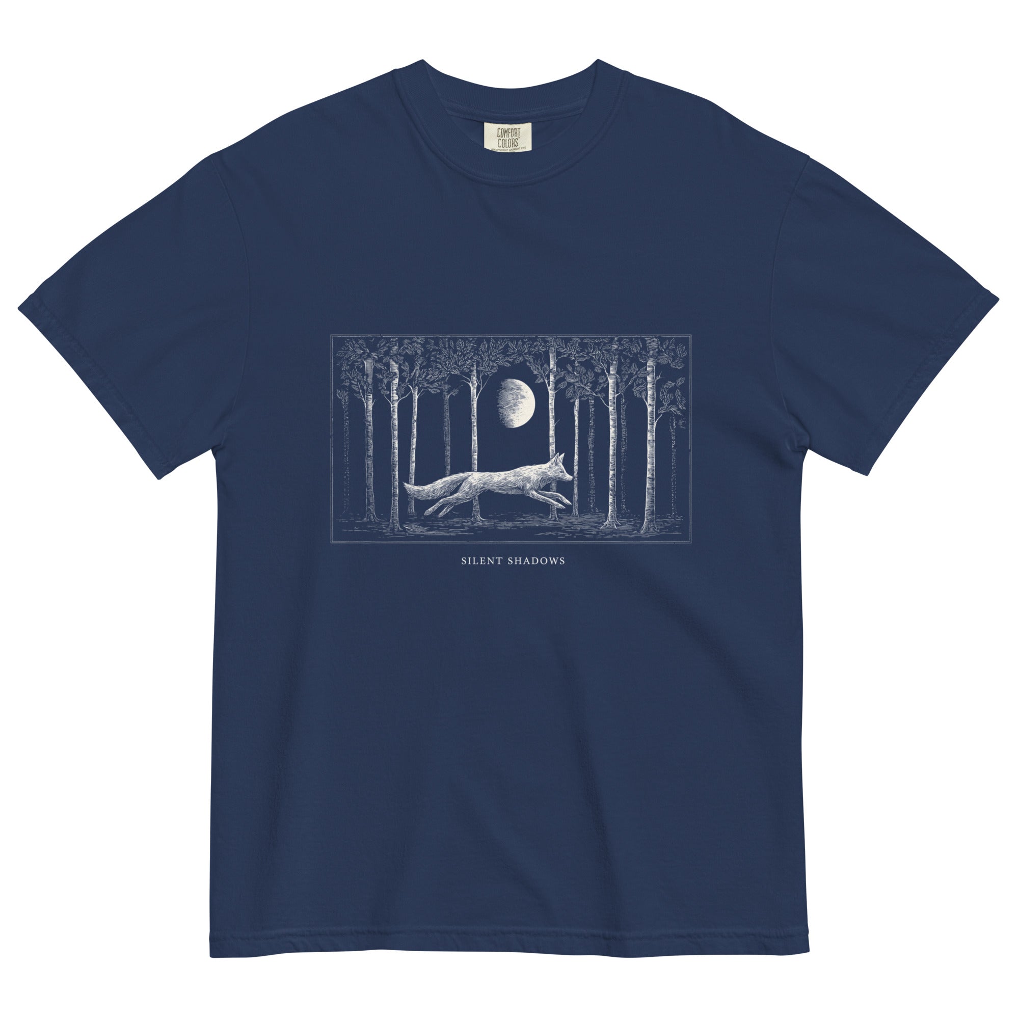 Running fox moonlit forest design on a True Navy garment-dyed cotton t-shirt