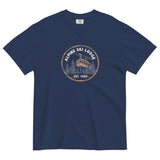 Alpine ski lodge gondola badge design on a True Navy garment-dyed cotton t-shirt