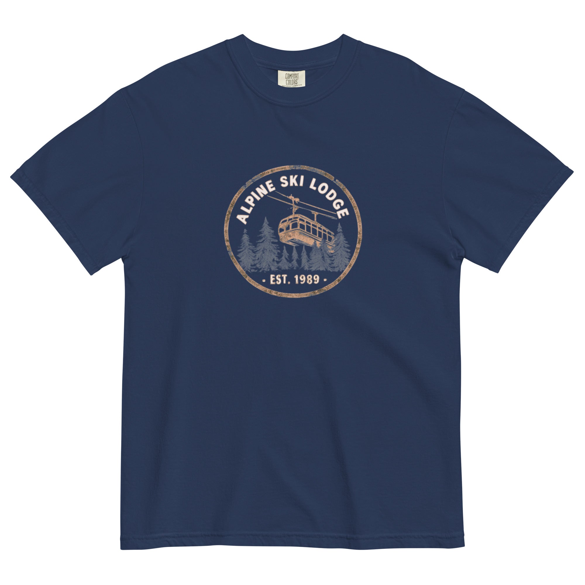 Alpine ski lodge gondola badge design on a True Navy garment-dyed cotton t-shirt