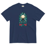 Moth in a stained glass window design on a True Navy garment-dyed cotton t-shirt