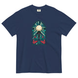 Moth in a stained glass window design on a True Navy garment-dyed cotton t-shirt