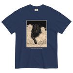 Black wolf in deep snow design on a True Navy garment-dyed cotton t-shirt