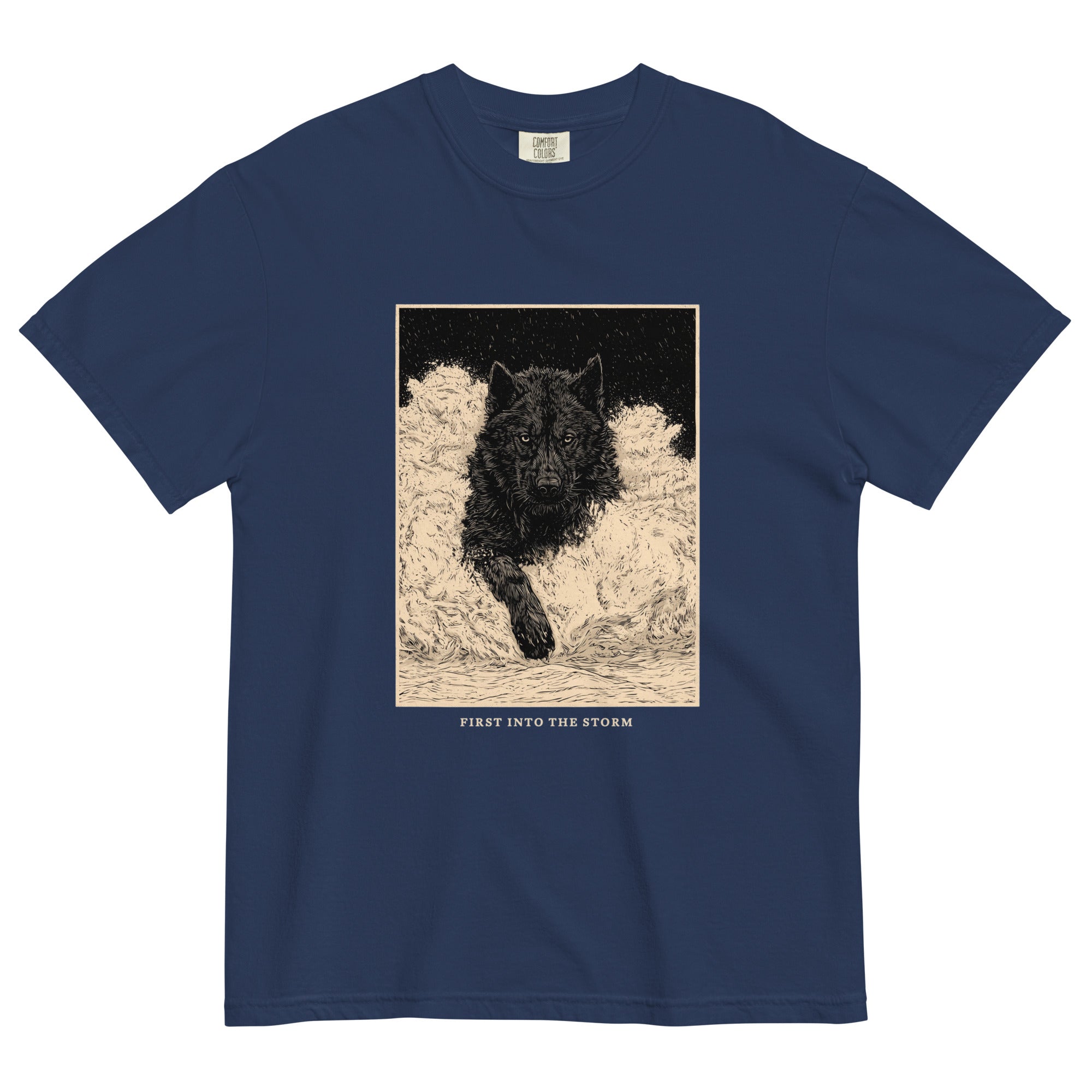Black wolf in deep snow design on a True Navy garment-dyed cotton t-shirt