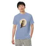 Owl and full moon design on a Washed Denim garment-dyed cotton t-shirt
