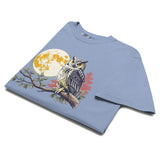 Great horned owl and autumn moon design on a Washed Denim garment-dyed cotton t-shirt