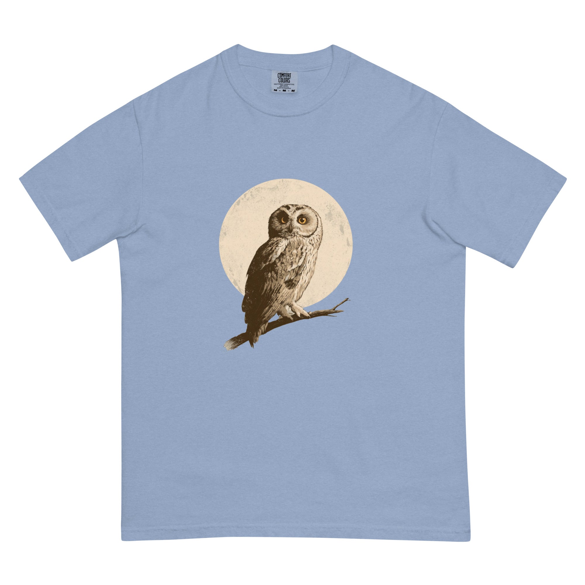 Owl and full moon design on a Washed Denim garment-dyed cotton t-shirt
