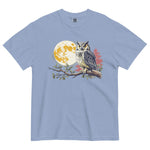 Great horned owl and autumn moon design on a Washed Denim garment-dyed cotton t-shirt