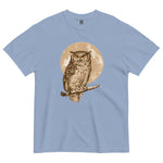 Great horned owl and moon design on a Washed Denim garment-dyed cotton t-shirt