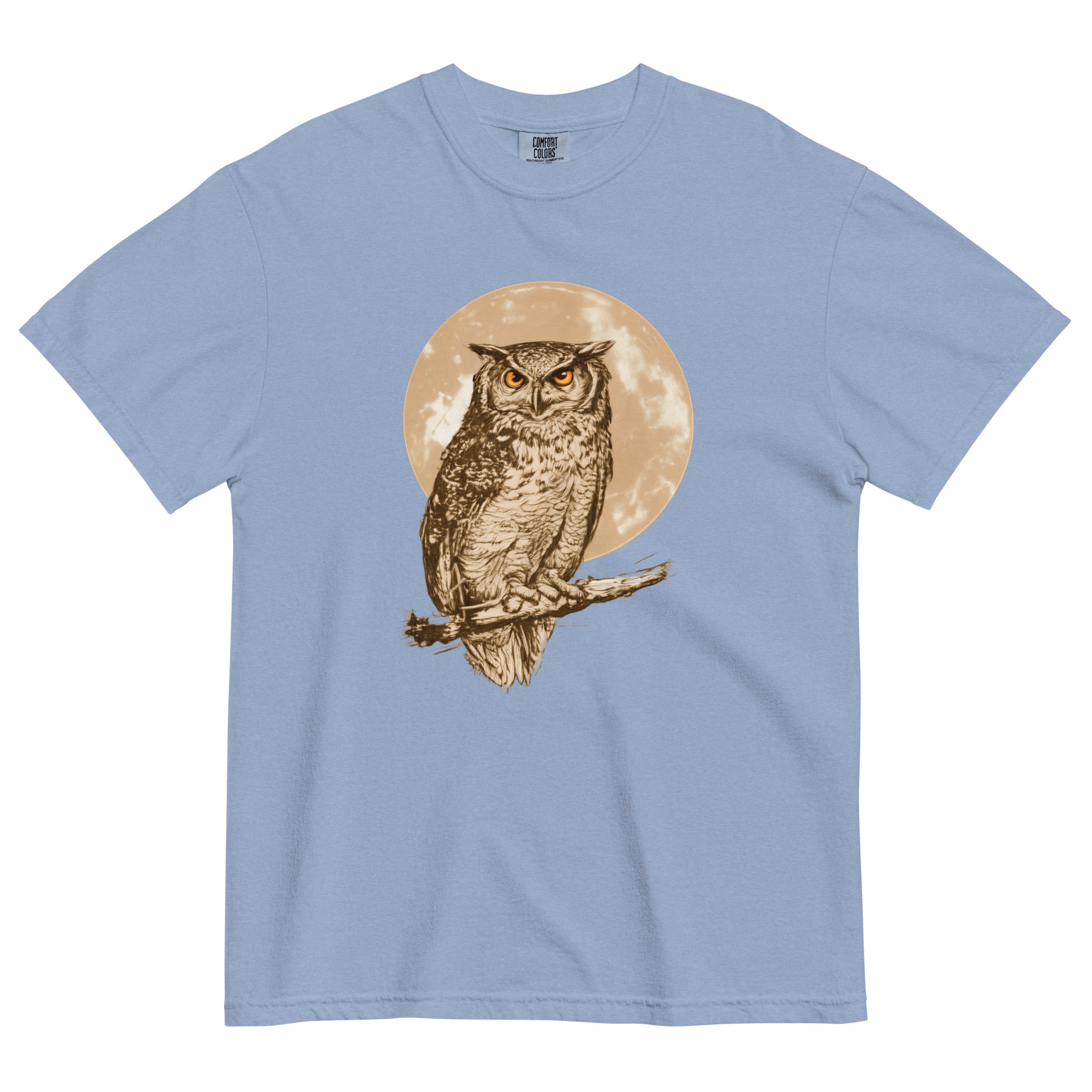 Great horned owl and moon design on a Washed Denim garment-dyed cotton t-shirt