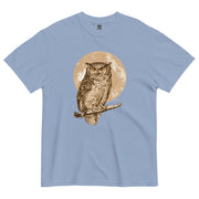 Great horned owl and moon design on a Washed Denim garment-dyed cotton t-shirt