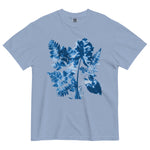 Fern and leaf cyanotype design on a Washed Denim garment-dyed cotton t-shirt