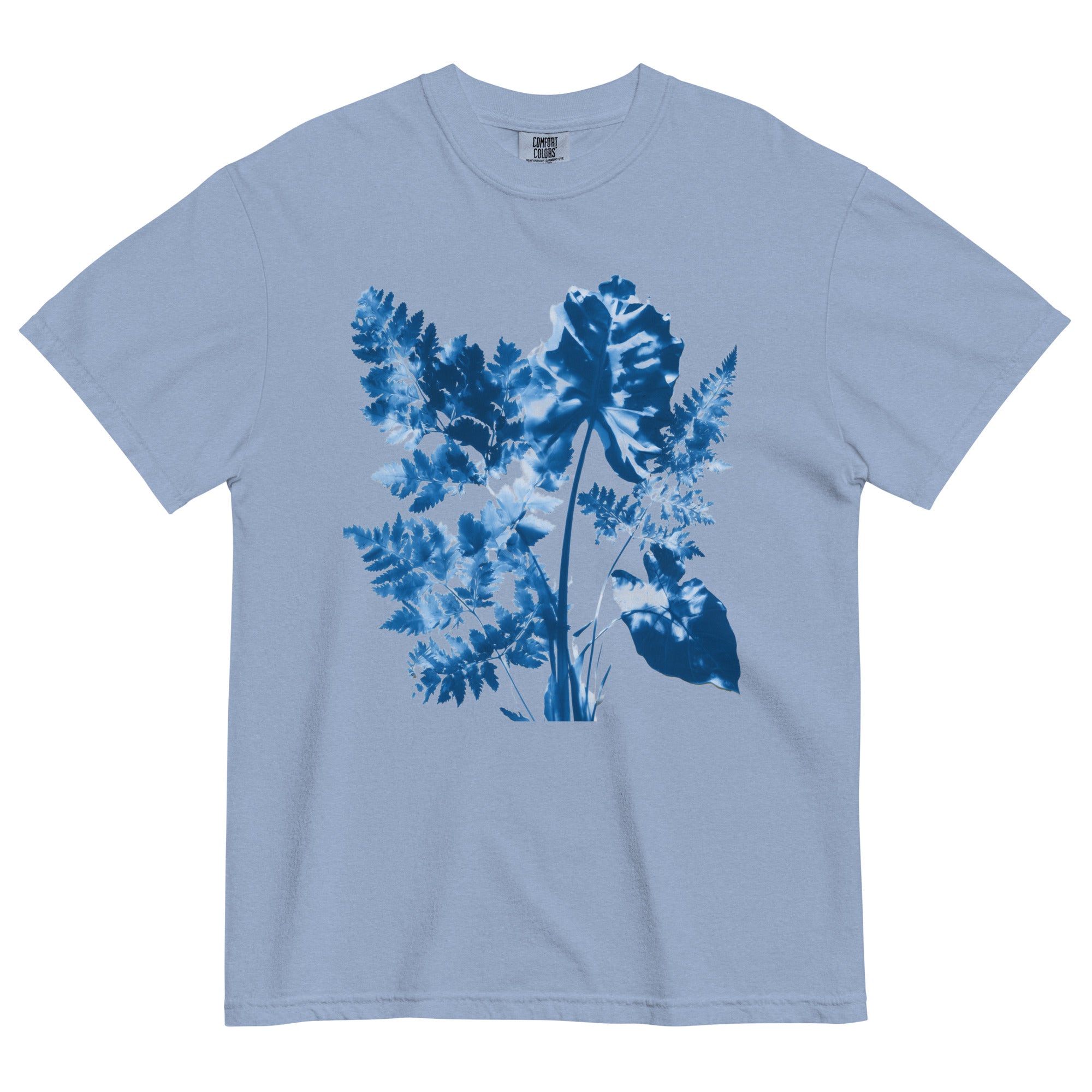 Fern and leaf cyanotype design on a Washed Denim garment-dyed cotton t-shirt