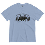 Bear and pine forest wilderness design on a Washed Denim garment-dyed cotton t-shirt