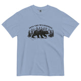 Bear and pine forest wilderness design on a Washed Denim garment-dyed cotton t-shirt