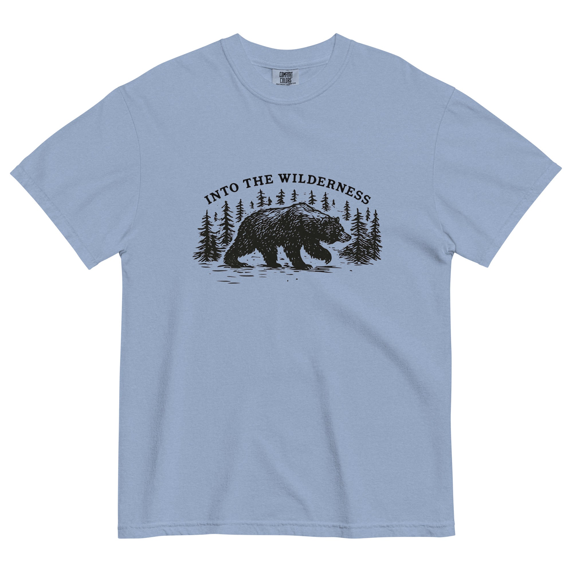 Bear and pine forest wilderness design on a Washed Denim garment-dyed cotton t-shirt