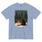 Black bear by a winter campfire design on a Washed Denim garment-dyed cotton t-shirt