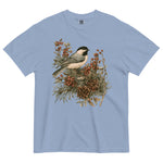 Chickadee and winter berries design on a Washed Denim garment-dyed cotton t-shirt
