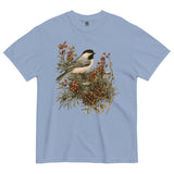 Chickadee and winter berries design on a Washed Denim garment-dyed cotton t-shirt